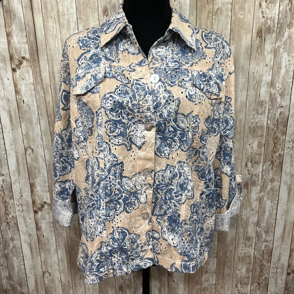 Ruby Rd. Blue‎ and Tan Button Down Shirt